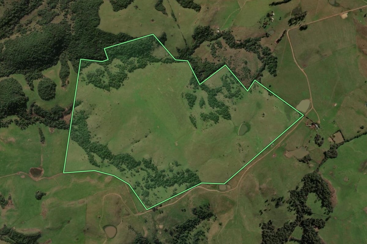 Imagem de satélite do imóvel rural em Santiago (RS), com o contorno declarado no CAR desenhado por cima.
