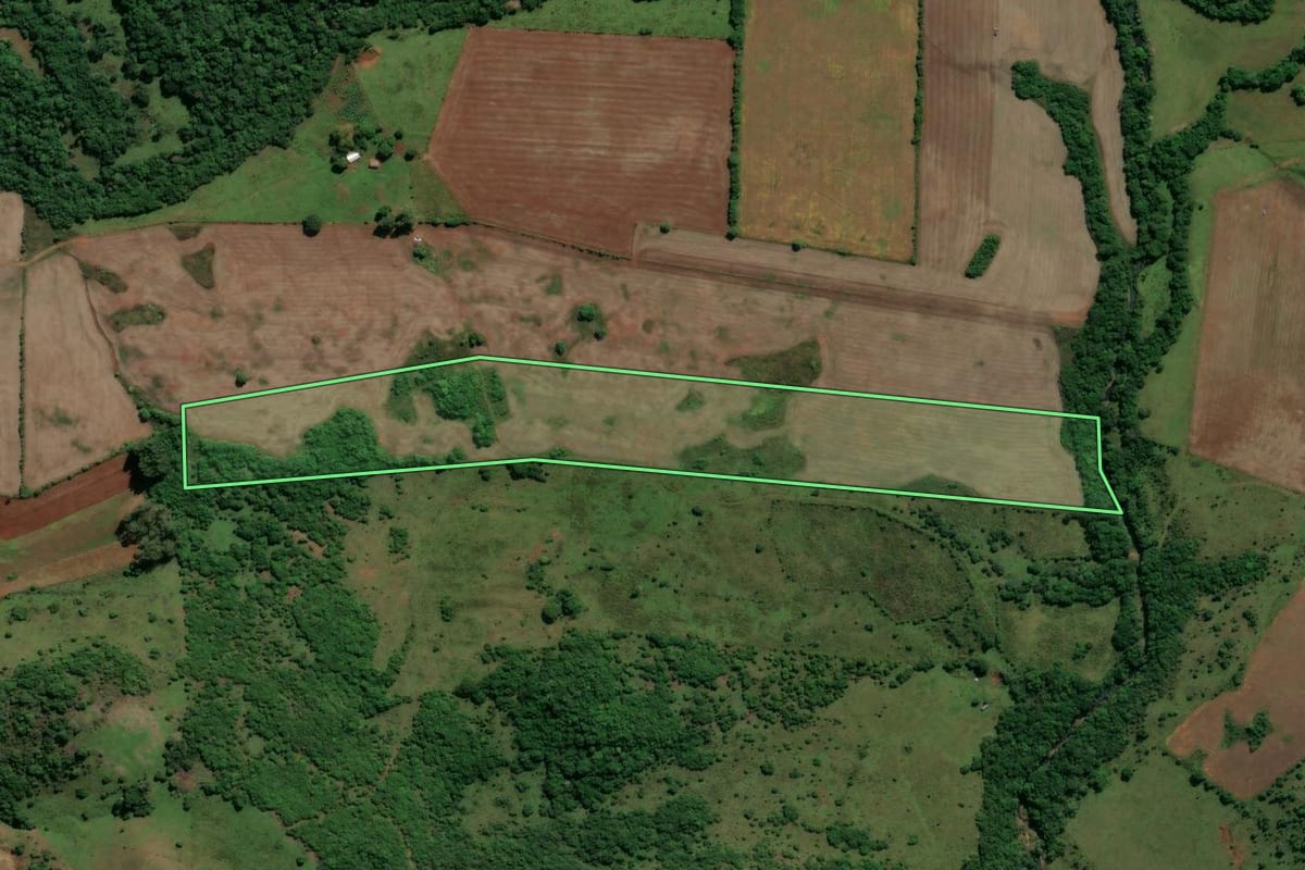 Imagem de satélite do imóvel rural em Santiago (RS), com o contorno declarado no CAR desenhado por cima.
