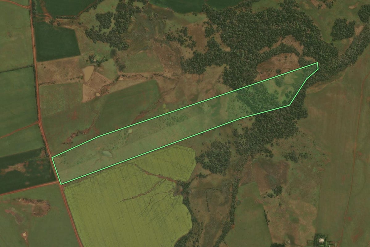 Imagem de satélite do imóvel rural em Santiago (RS), com o contorno declarado no CAR desenhado por cima.