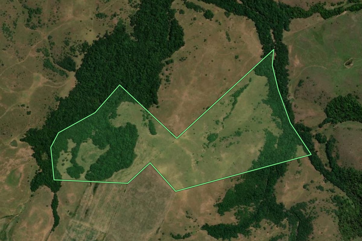Imagem de satélite do imóvel rural em Santiago (RS), com o contorno declarado no CAR desenhado por cima.