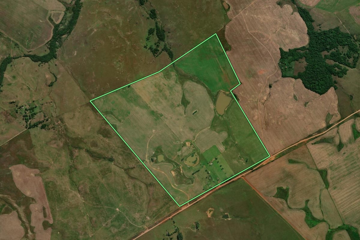 Imagem de satélite do imóvel rural em Santiago (RS), com o contorno declarado no CAR desenhado por cima.
