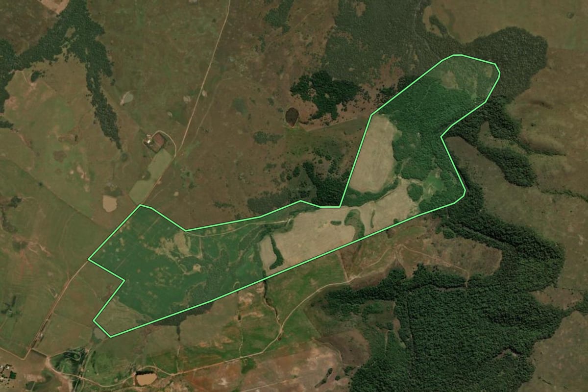 Imagem de satélite do imóvel rural em Santiago (RS), com o contorno declarado no CAR desenhado por cima.