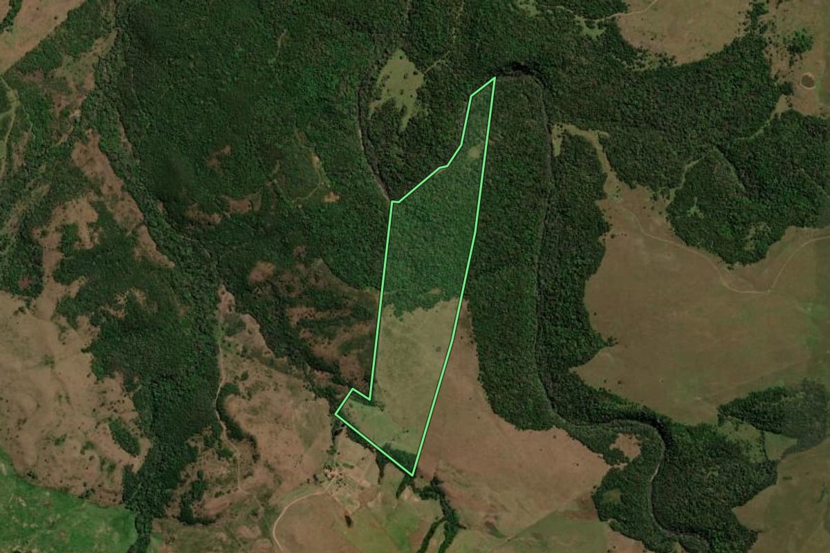 Imagem de satélite do imóvel rural em Santiago (RS), com o contorno declarado no CAR desenhado por cima.
