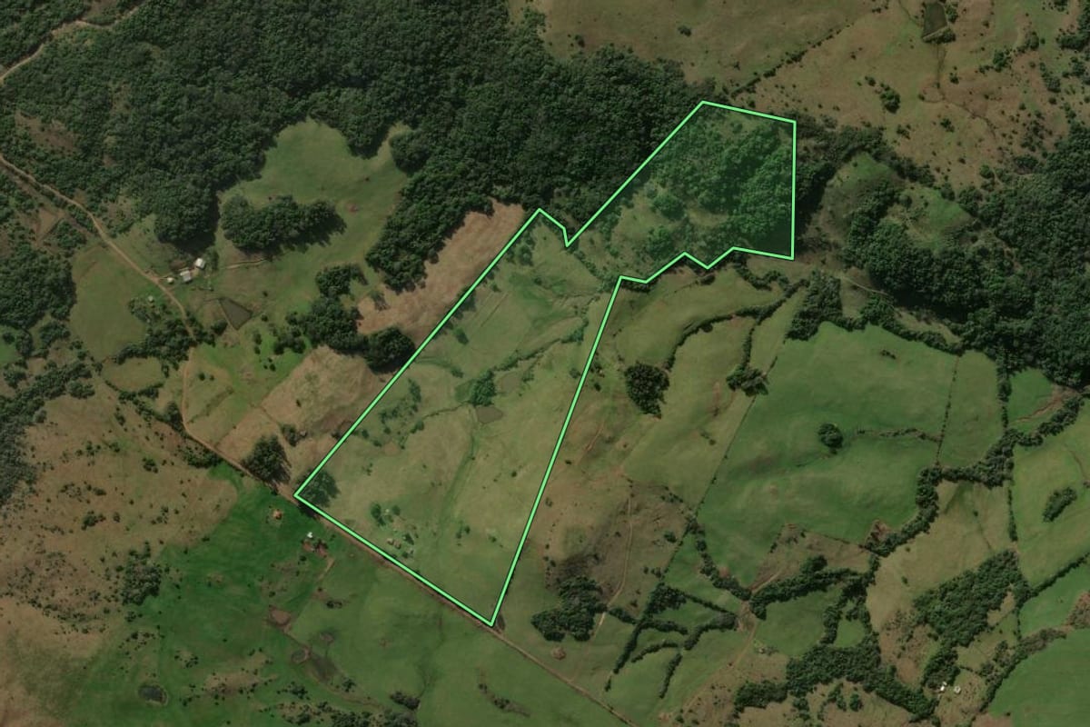 Imagem de satélite do imóvel rural em Santiago (RS), com o contorno declarado no CAR desenhado por cima.