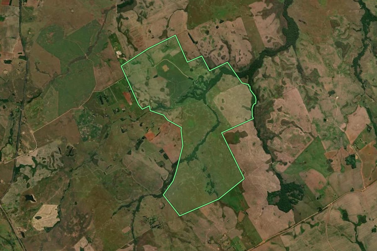 Imagem de satélite do imóvel rural em Santiago (RS), com o contorno declarado no CAR desenhado por cima.