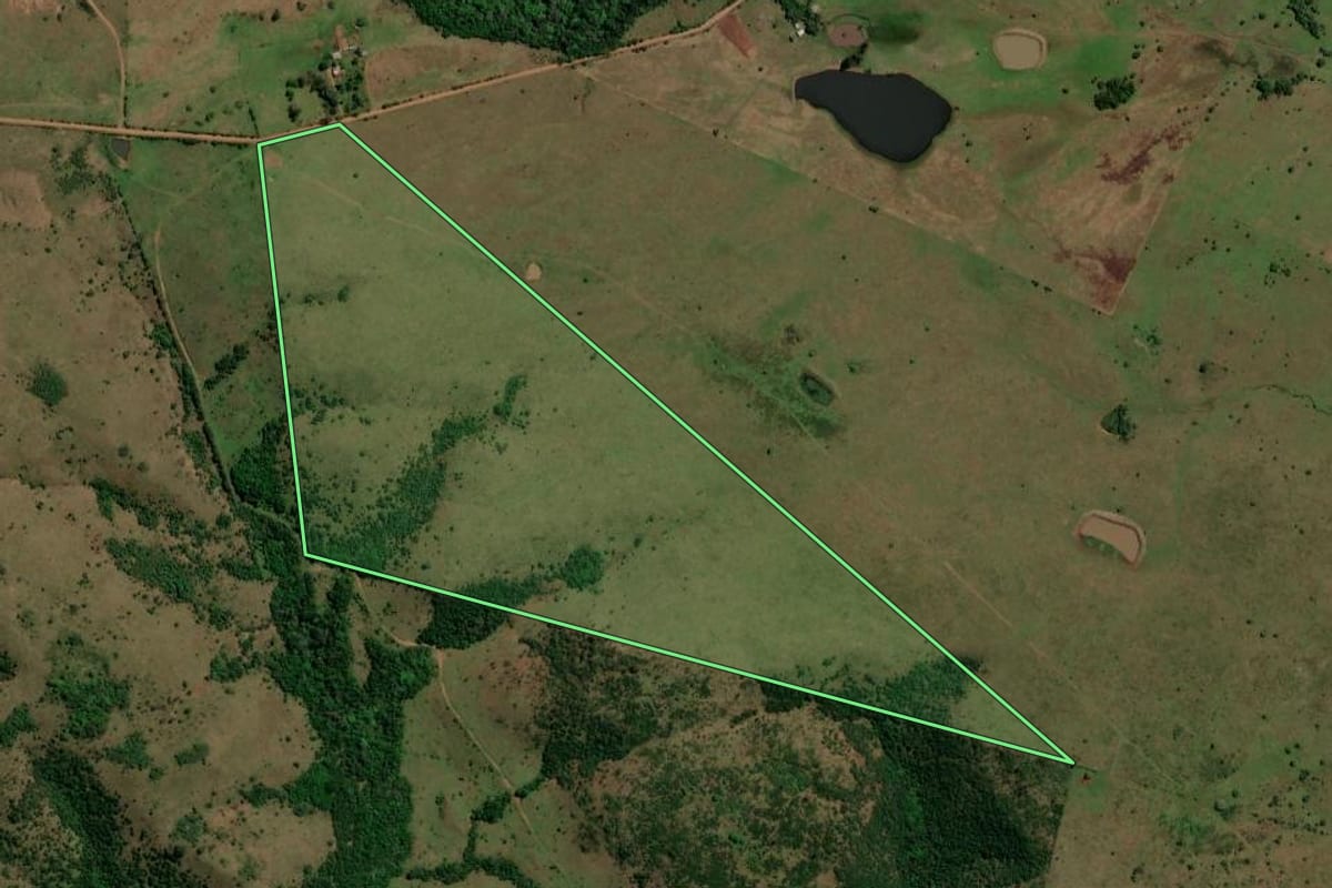 Imagem de satélite do imóvel rural em Santiago (RS), com o contorno declarado no CAR desenhado por cima.
