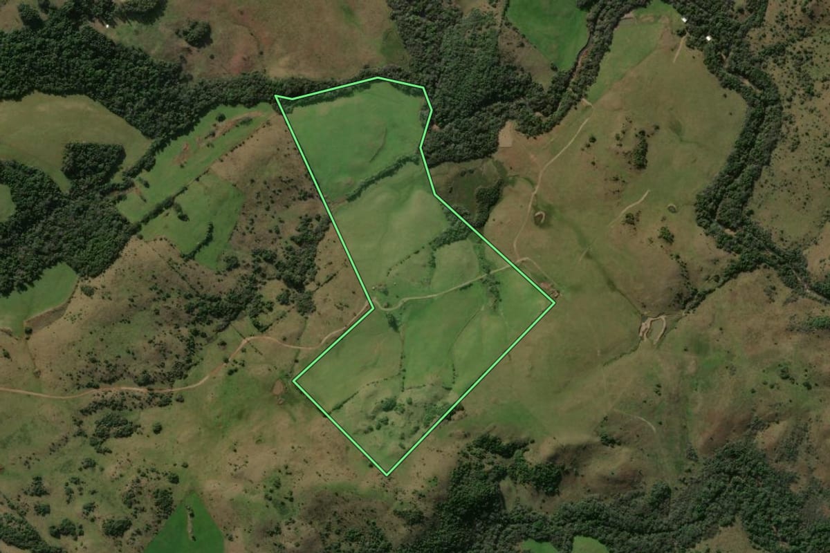 Imagem de satélite do imóvel rural em Santiago (RS), com o contorno declarado no CAR desenhado por cima.