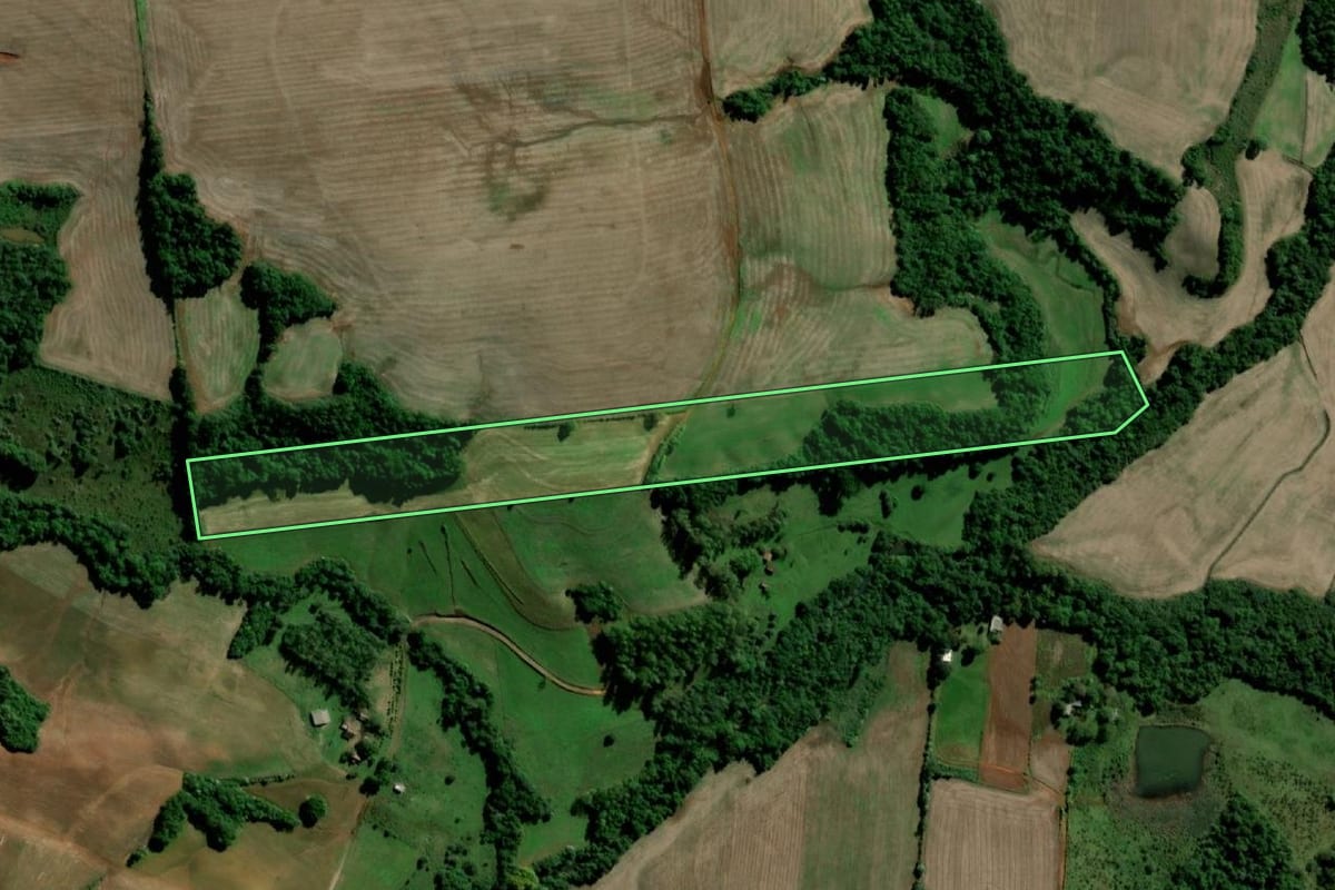 Imagem de satélite do imóvel rural em Santo Ângelo (RS), com o contorno declarado no CAR desenhado por cima.