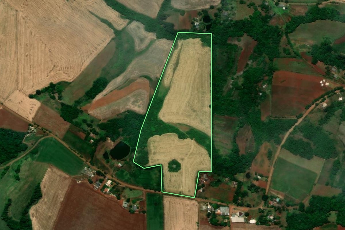Imagem de satélite do imóvel rural em Santo Ângelo (RS), com o contorno declarado no CAR desenhado por cima.