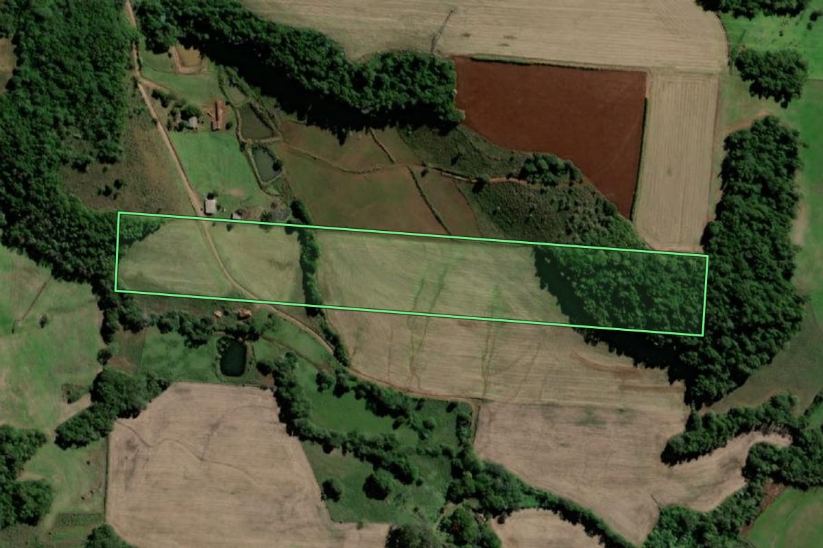 Imagem de satélite do imóvel rural em Santo Ângelo (RS), com o contorno declarado no CAR desenhado por cima.