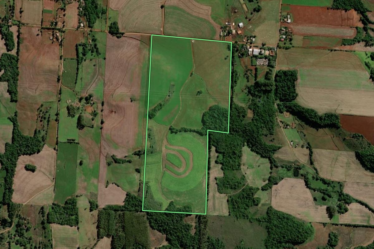 Imagem de satélite do imóvel rural em Santo Ângelo (RS), com o contorno declarado no CAR desenhado por cima.