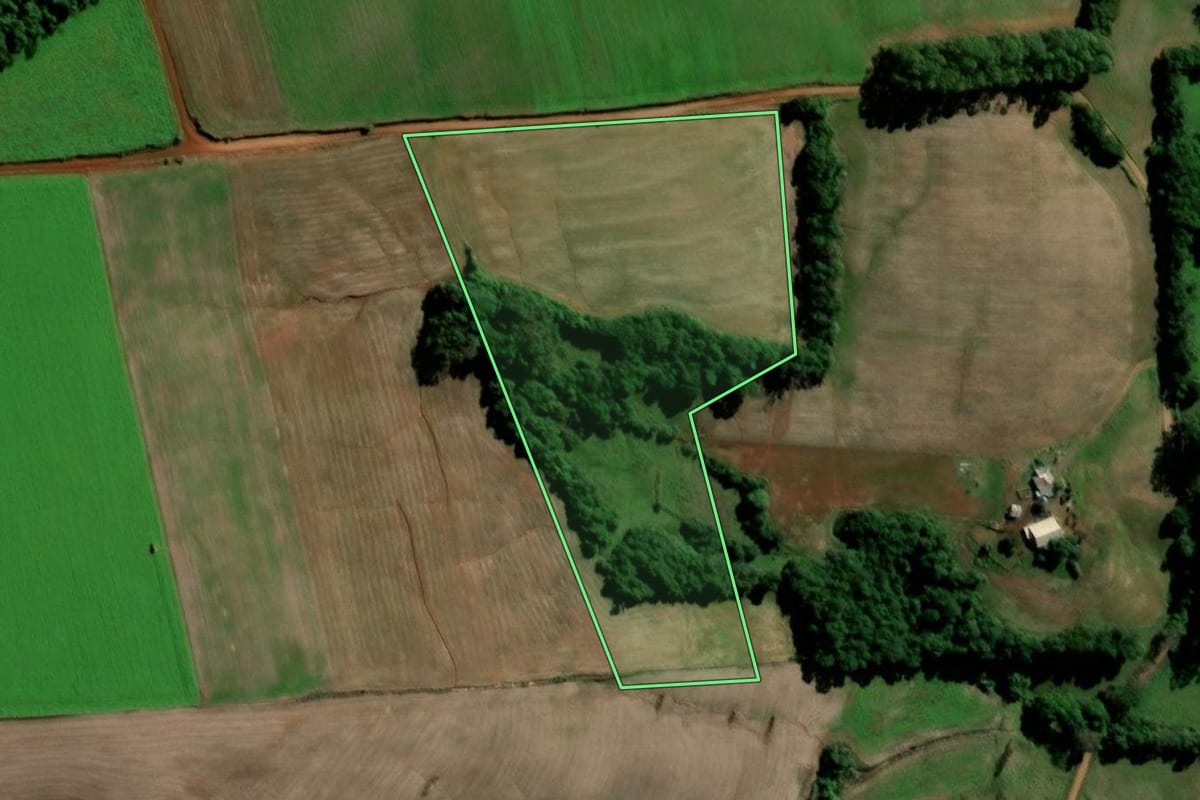 Imagem de satélite do imóvel rural em Santo Ângelo (RS), com o contorno declarado no CAR desenhado por cima.