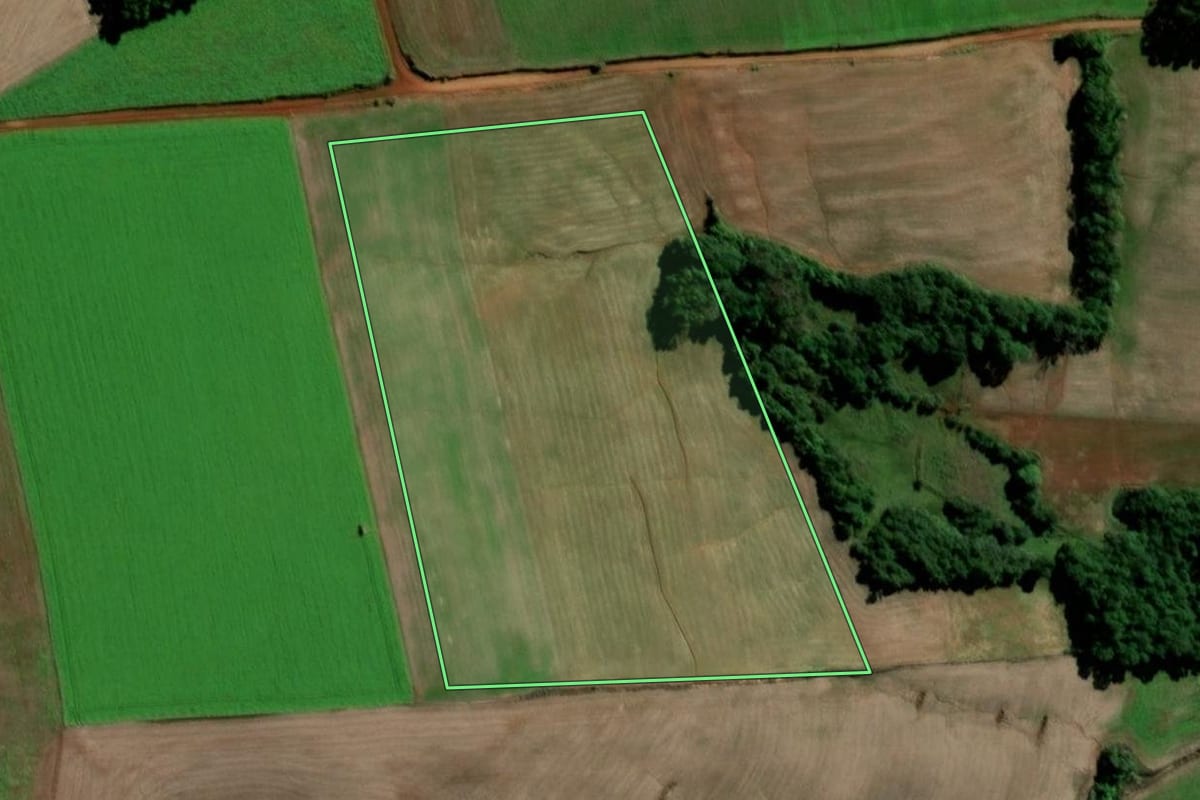 Imagem de satélite do imóvel rural em Santo Ângelo (RS), com o contorno declarado no CAR desenhado por cima.