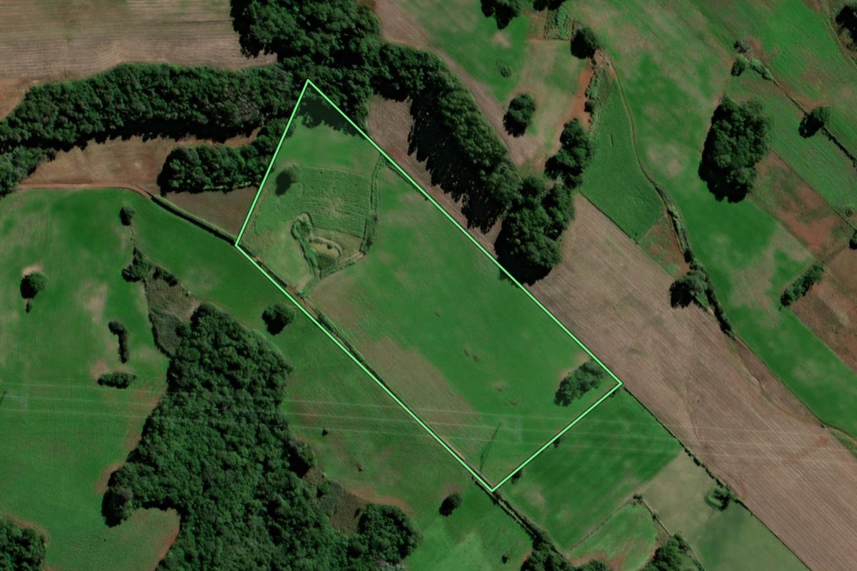Imagem de satélite do imóvel rural em Santo Ângelo (RS), com o contorno declarado no CAR desenhado por cima.