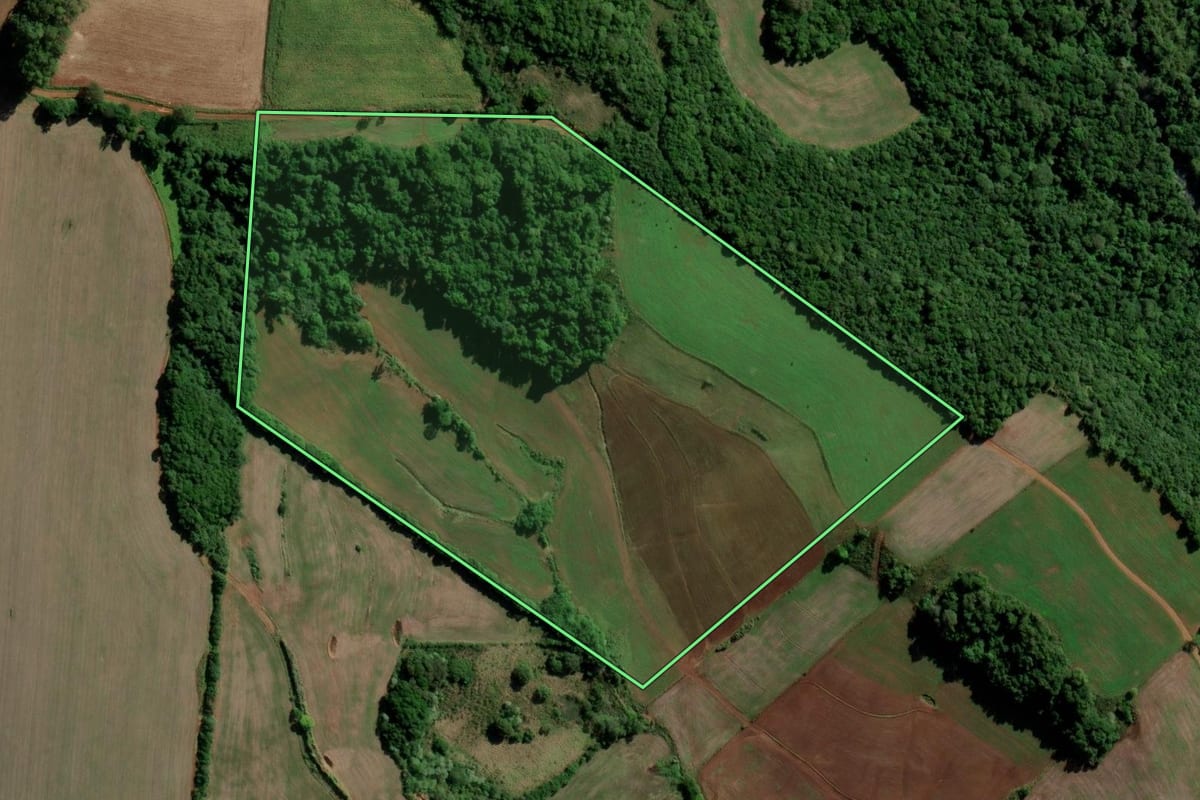 Imagem de satélite do imóvel rural em Santo Ângelo (RS), com o contorno declarado no CAR desenhado por cima.