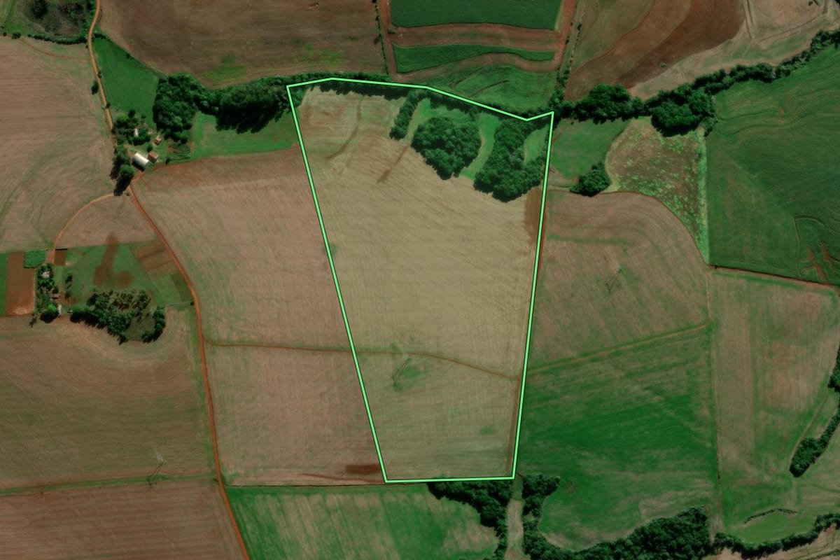 Imagem de satélite do imóvel rural em Santo Ângelo (RS), com o contorno declarado no CAR desenhado por cima.
