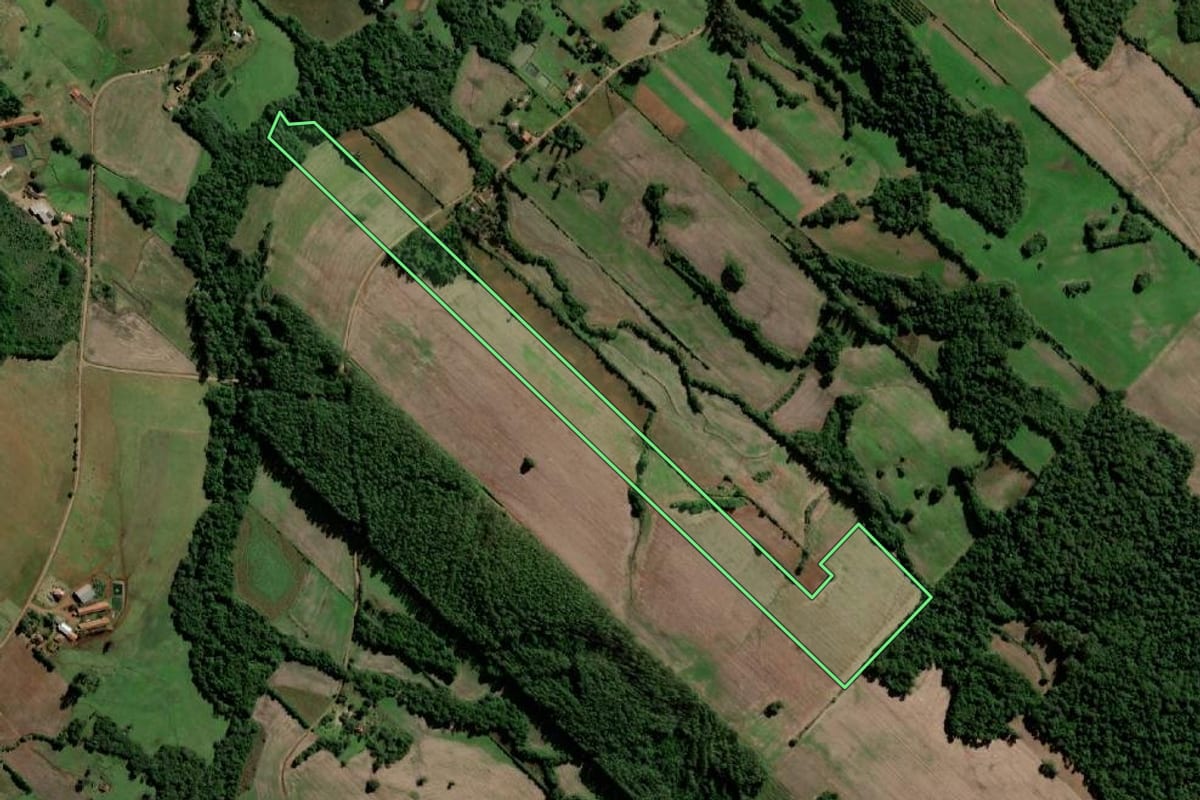 Imagem de satélite do imóvel rural em Santo Ângelo (RS), com o contorno declarado no CAR desenhado por cima.