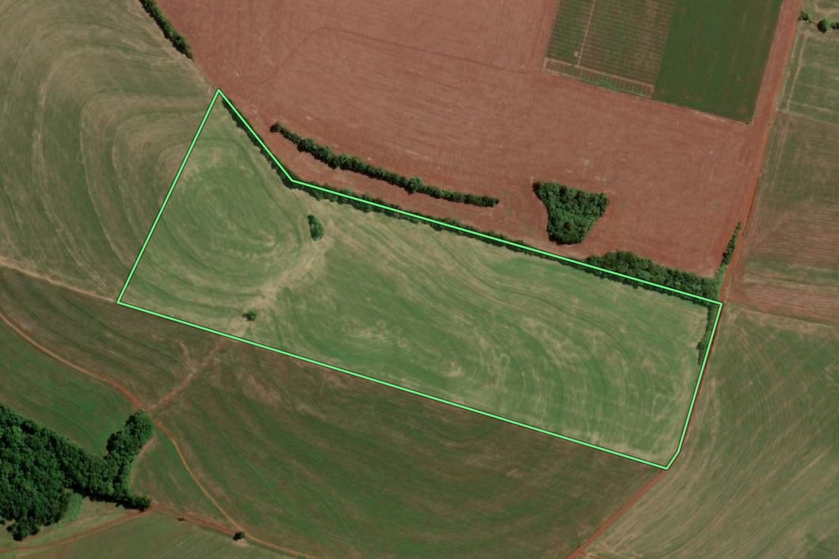 Imagem de satélite do imóvel rural em Santo Ângelo (RS), com o contorno declarado no CAR desenhado por cima.