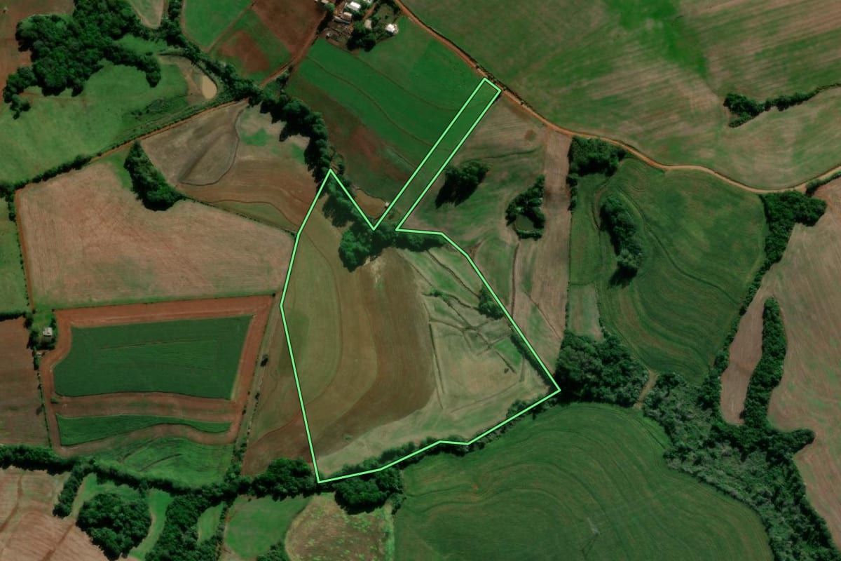 Imagem de satélite do imóvel rural em Santo Ângelo (RS), com o contorno declarado no CAR desenhado por cima.