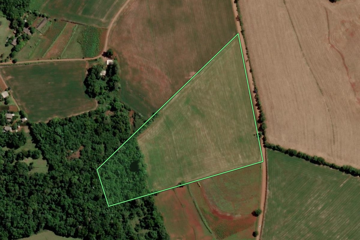 Imagem de satélite do imóvel rural em Santo Ângelo (RS), com o contorno declarado no CAR desenhado por cima.