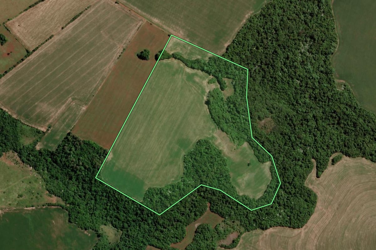 Imagem de satélite do imóvel rural em Santo Ângelo (RS), com o contorno declarado no CAR desenhado por cima.