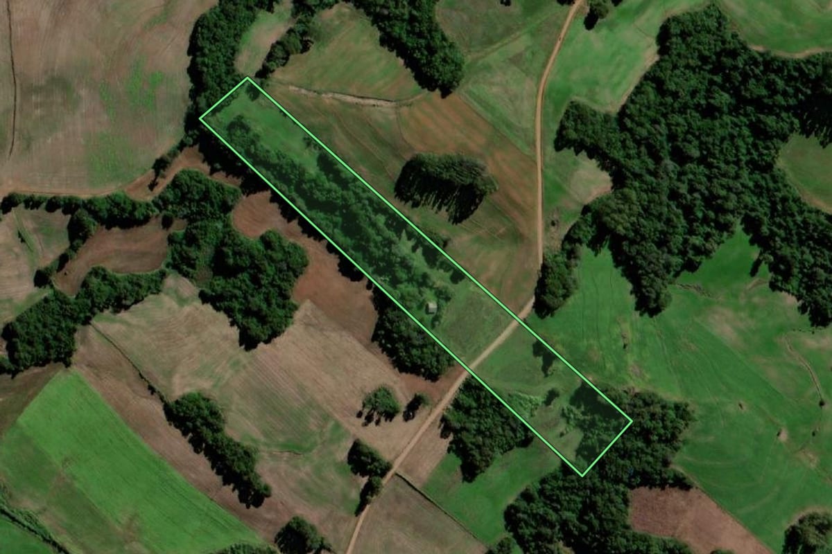 Imagem de satélite do imóvel rural em Santo Ângelo (RS), com o contorno declarado no CAR desenhado por cima.
