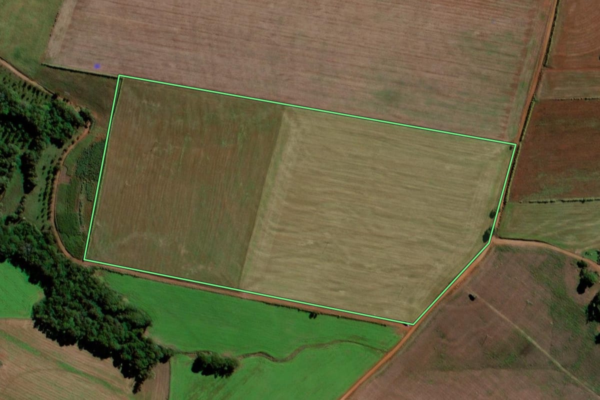 Imagem de satélite do imóvel rural em Santo Ângelo (RS), com o contorno declarado no CAR desenhado por cima.