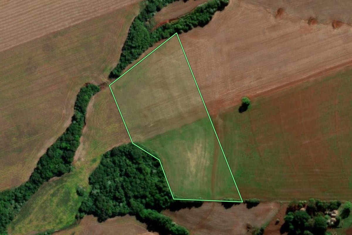 Imagem de satélite do imóvel rural em Santo Ângelo (RS), com o contorno declarado no CAR desenhado por cima.