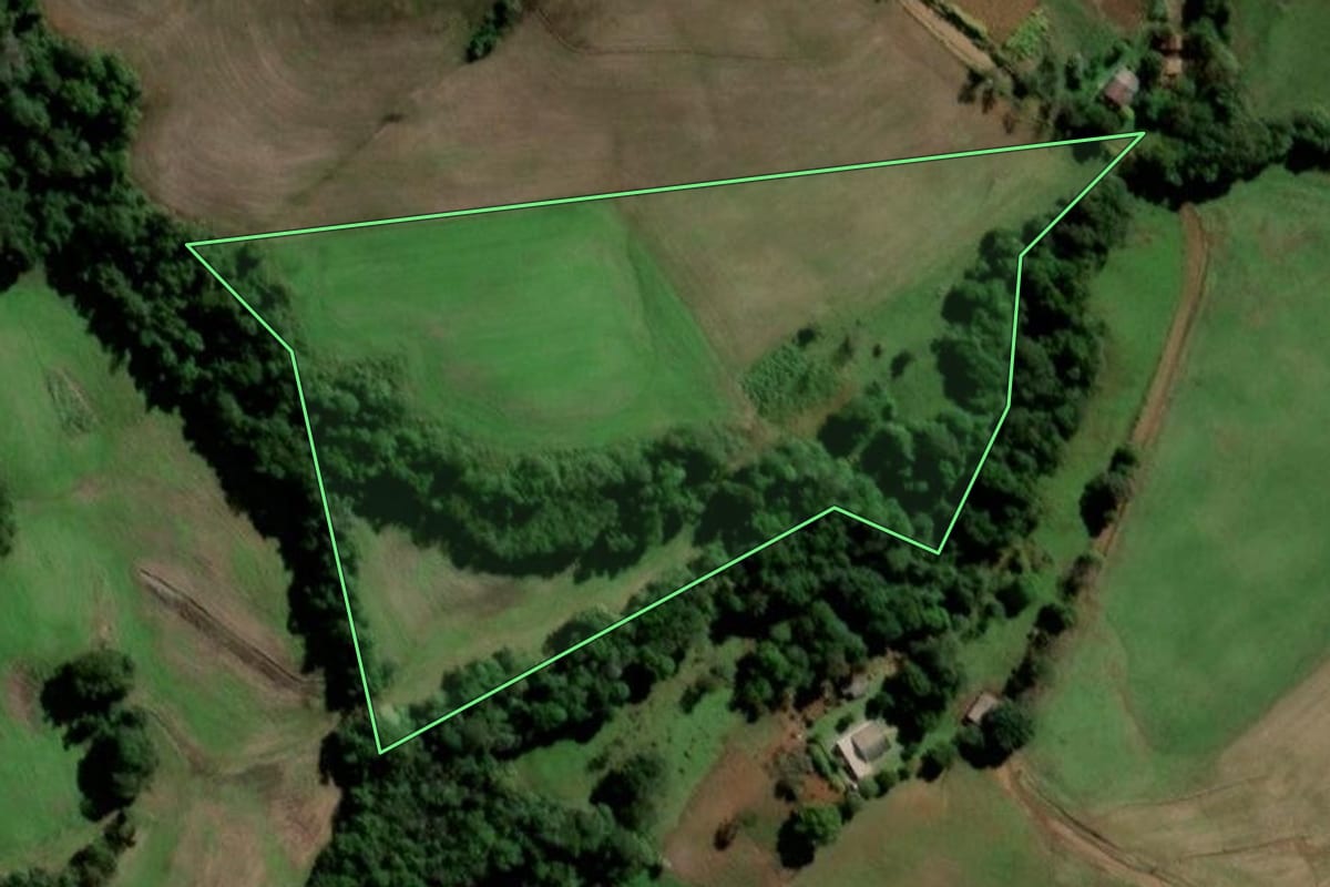 Imagem de satélite do imóvel rural em Santo Ângelo (RS), com o contorno declarado no CAR desenhado por cima.