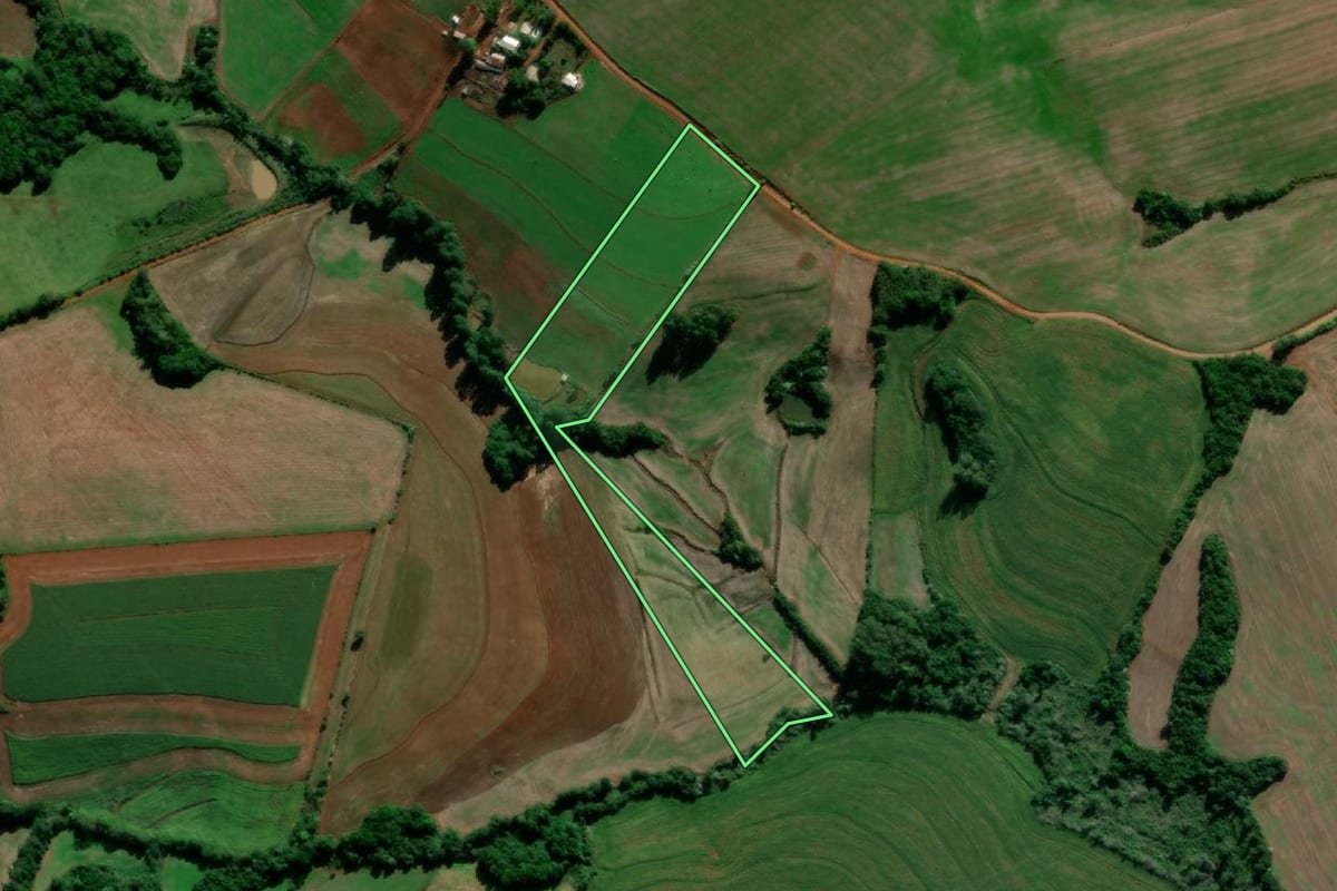Imagem de satélite do imóvel rural em Santo Ângelo (RS), com o contorno declarado no CAR desenhado por cima.