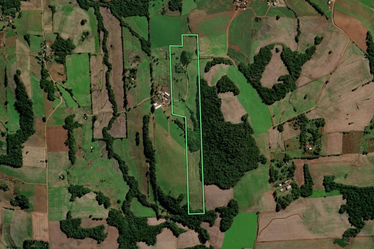 Imagem de satélite do imóvel rural em Santo Ângelo (RS), com o contorno declarado no CAR desenhado por cima.