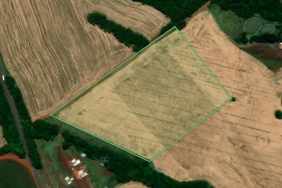 Imagem de satélite do imóvel rural em Santo Ângelo (RS), com o contorno declarado no CAR desenhado por cima.