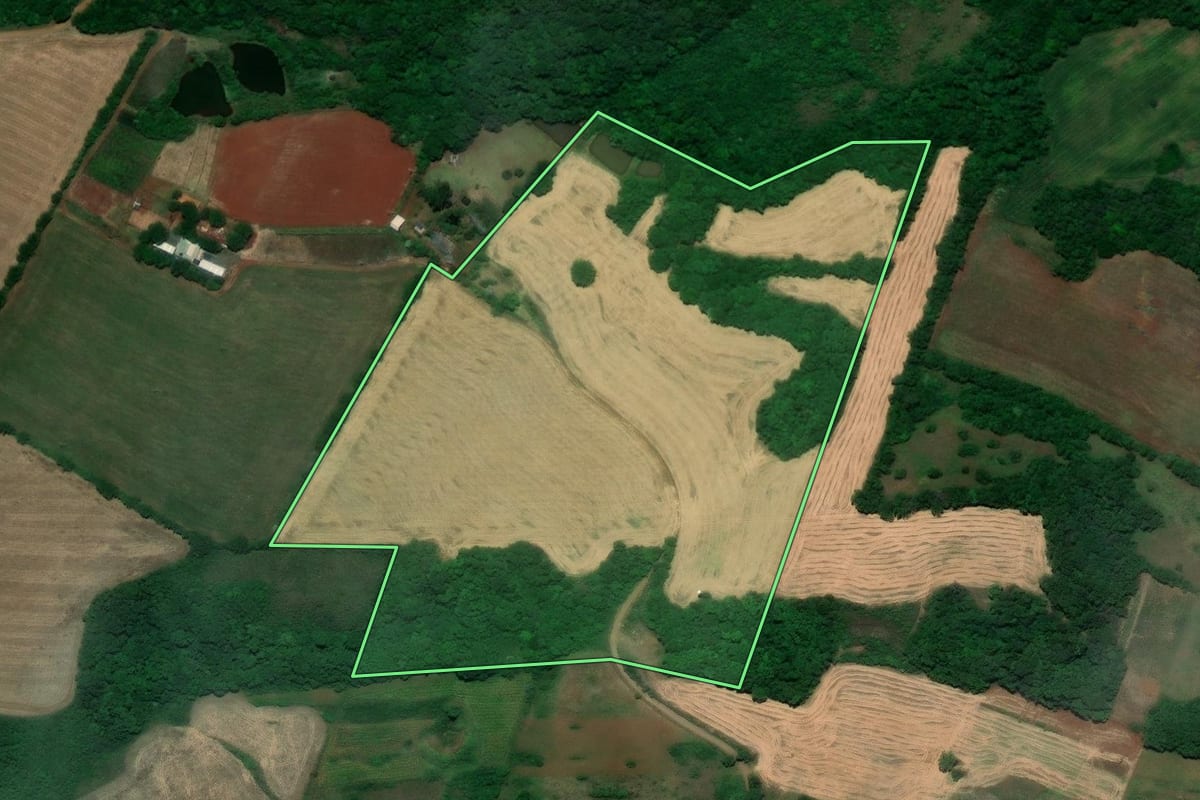 Imagem de satélite do imóvel rural em Santo Ângelo (RS), com o contorno declarado no CAR desenhado por cima.