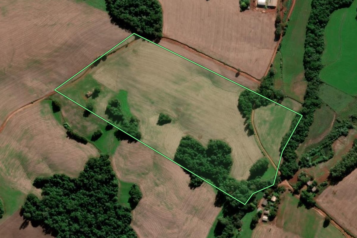 Imagem de satélite do imóvel rural em Santo Ângelo (RS), com o contorno declarado no CAR desenhado por cima.