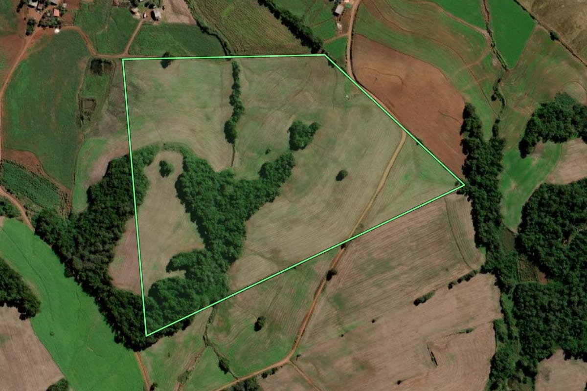 Imagem de satélite do imóvel rural em Santo Ângelo (RS), com o contorno declarado no CAR desenhado por cima.