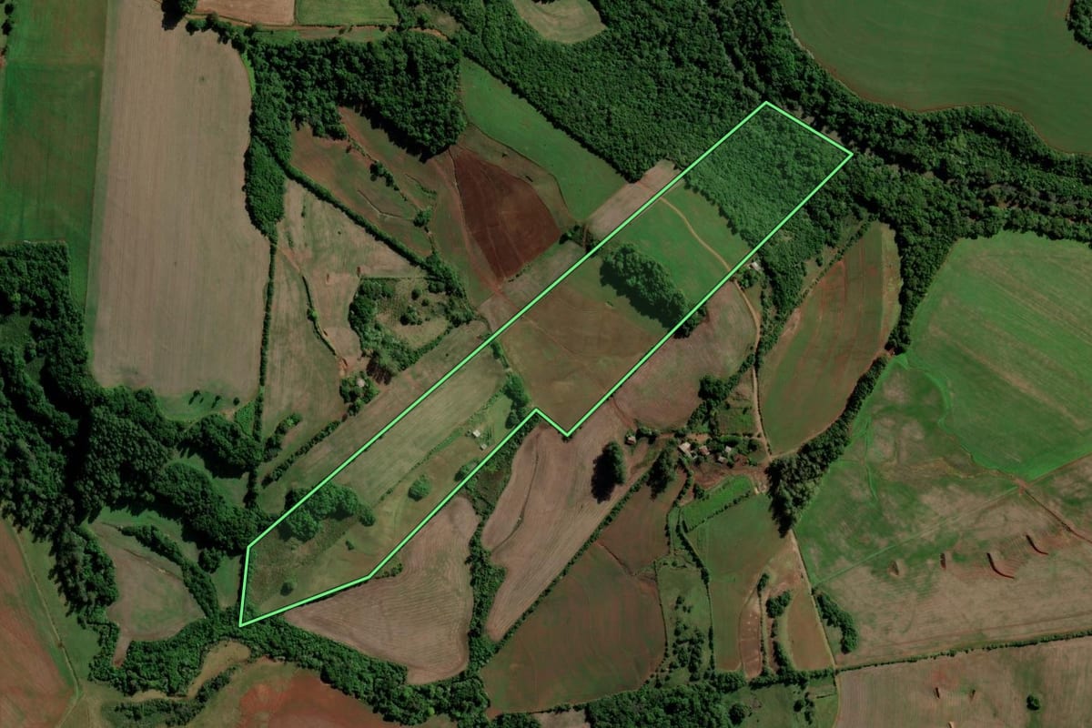 Imagem de satélite do imóvel rural em Santo Ângelo (RS), com o contorno declarado no CAR desenhado por cima.