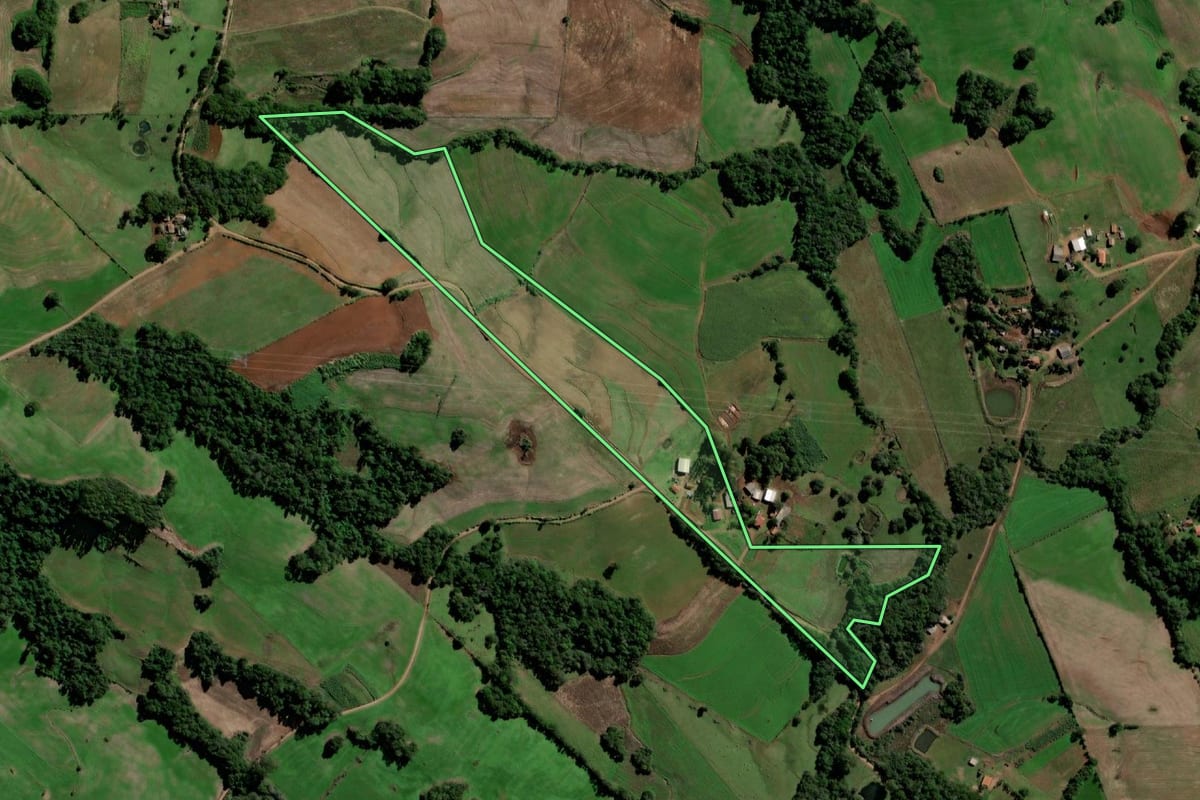 Imagem de satélite do imóvel rural em Santo Ângelo (RS), com o contorno declarado no CAR desenhado por cima.
