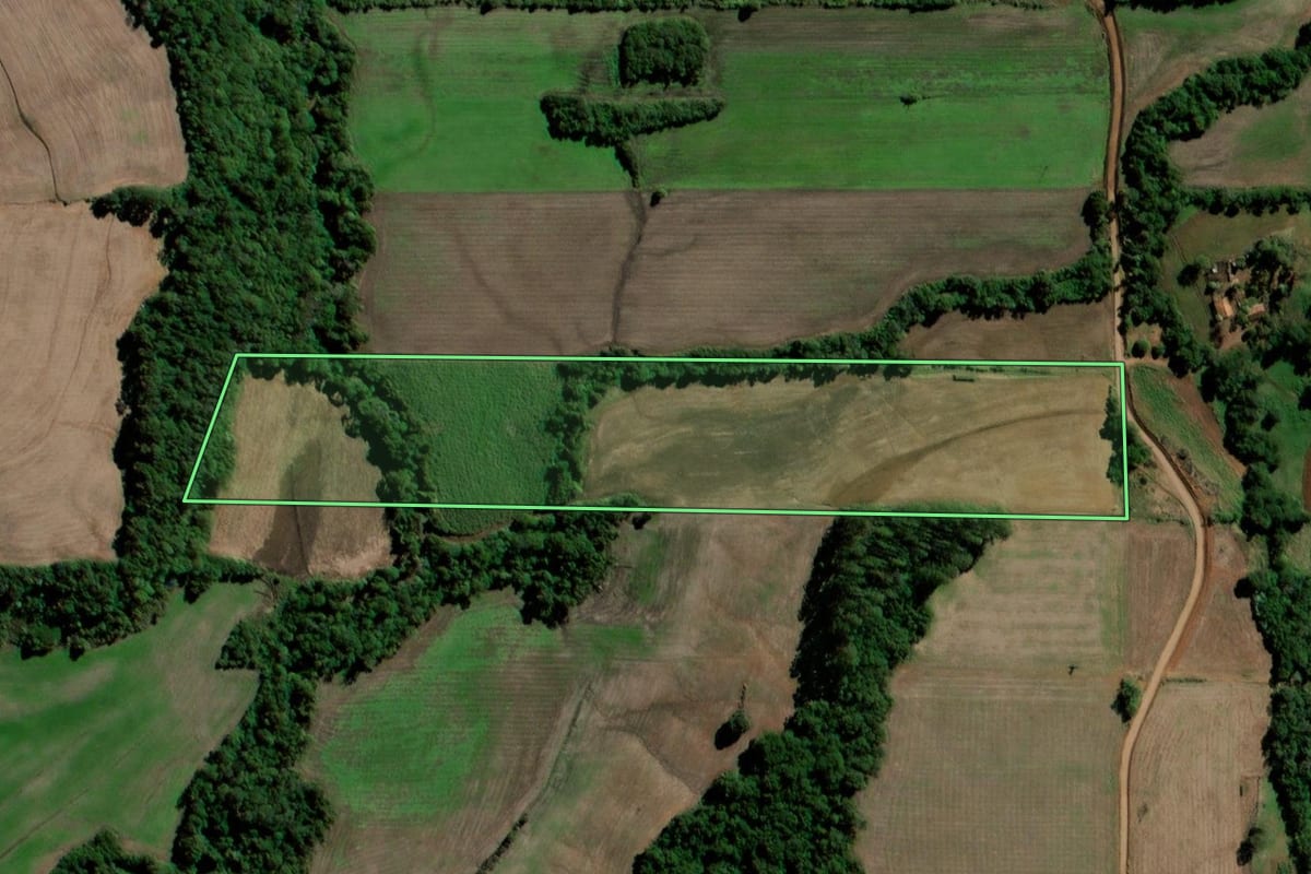 Imagem de satélite do imóvel rural em Santo Ângelo (RS), com o contorno declarado no CAR desenhado por cima.