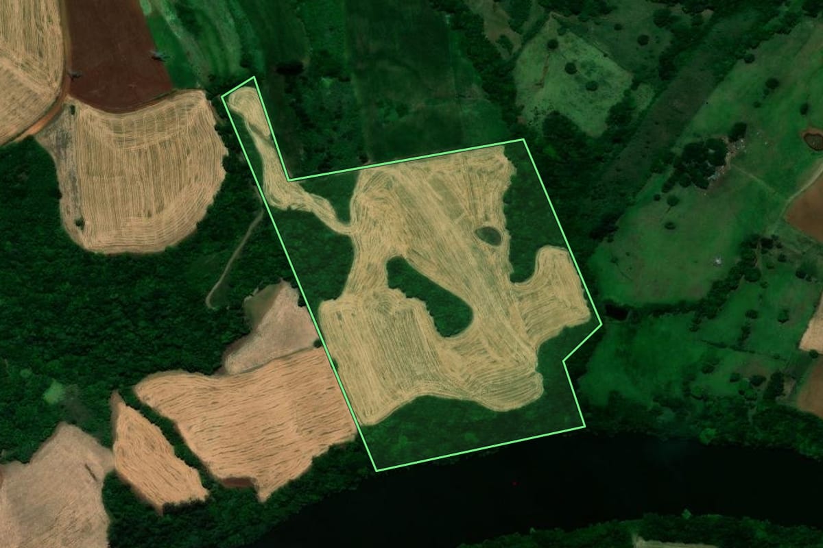 Imagem de satélite do imóvel rural em Santo Ângelo (RS), com o contorno declarado no CAR desenhado por cima.