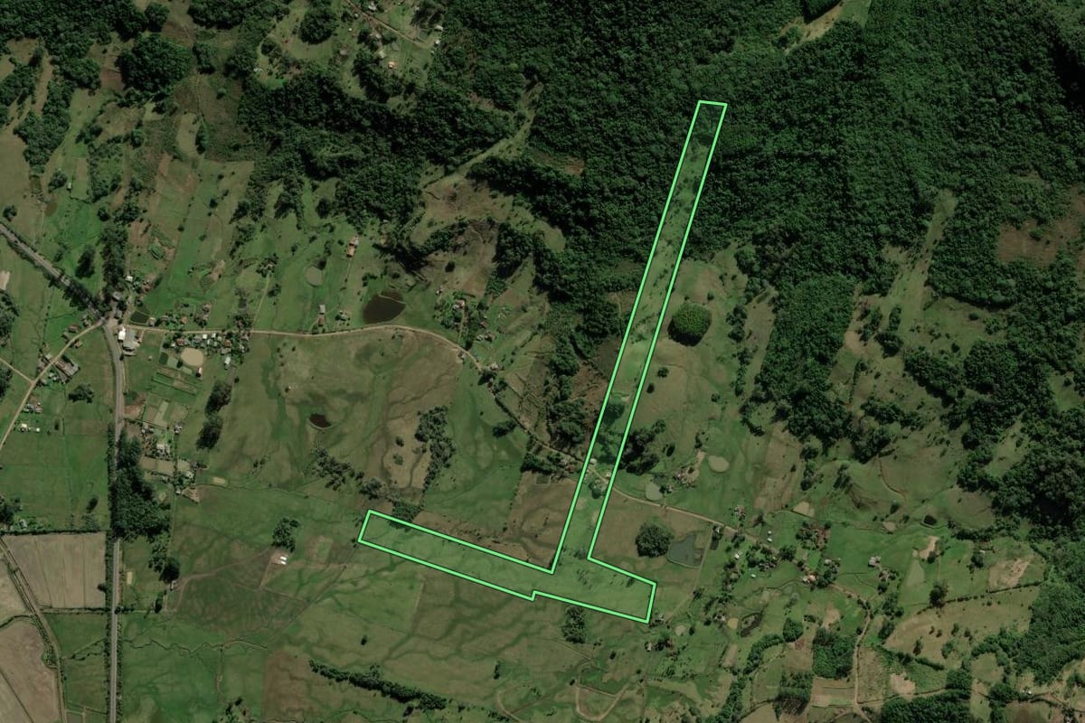 Imagem de satélite do imóvel rural em Santo Antônio da Patrulha (RS), com o contorno declarado no CAR desenhado por cima.