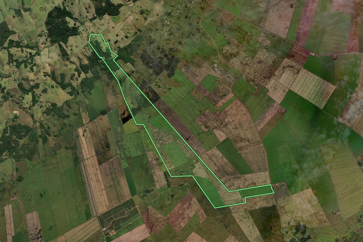 Imagem de satélite do imóvel rural em Santo Antônio da Patrulha (RS), com o contorno declarado no CAR desenhado por cima.