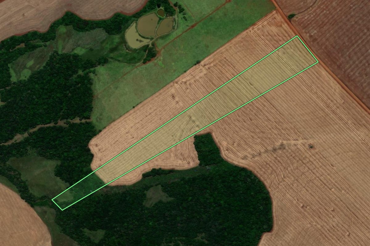 Imagem de satélite do imóvel rural em Santo Antônio das Missões (RS), com o contorno declarado no CAR desenhado por cima.