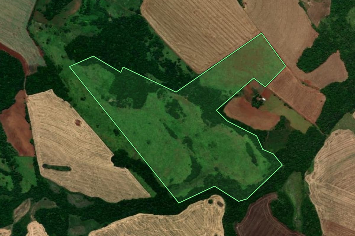 Imagem de satélite do imóvel rural em Santo Antônio das Missões (RS), com o contorno declarado no CAR desenhado por cima.