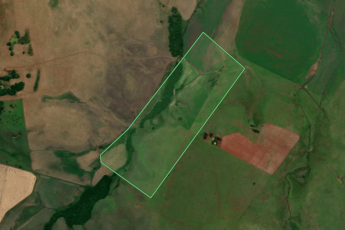 Imagem de satélite do imóvel rural em Santo Antônio das Missões (RS), com o contorno declarado no CAR desenhado por cima.