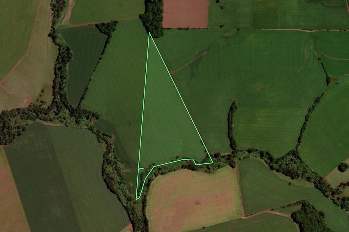 Imagem de satélite do imóvel rural em Santo Antônio do Planalto (RS), com o contorno declarado no CAR desenhado por cima.