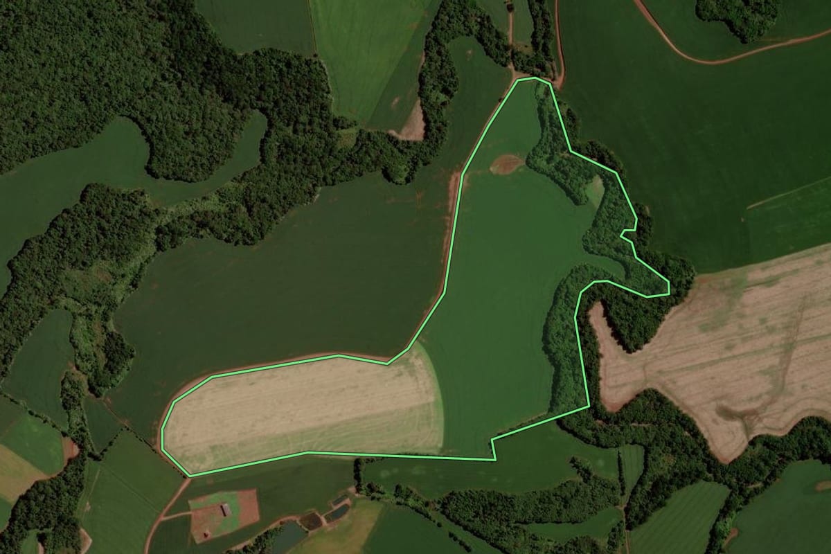 Imagem de satélite do imóvel rural em Santo Antônio do Planalto (RS), com o contorno declarado no CAR desenhado por cima.