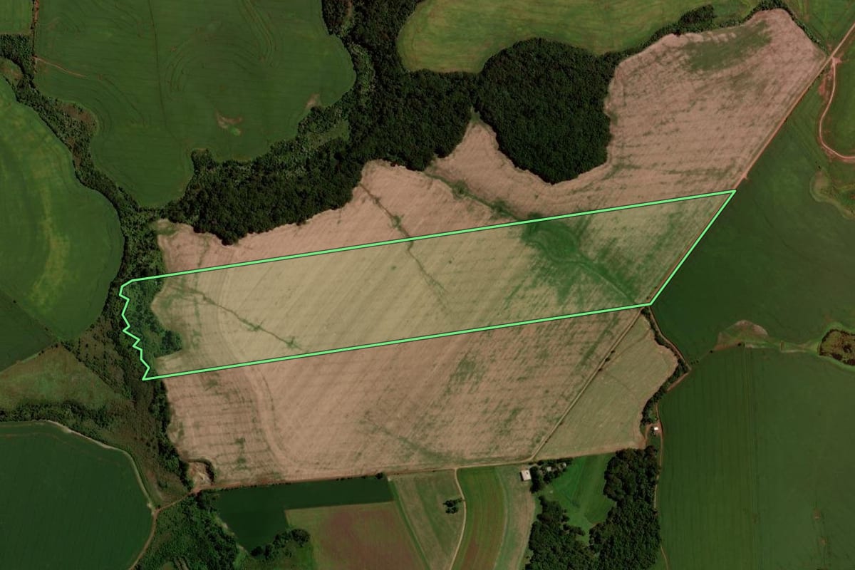Imagem de satélite do imóvel rural em Santo Antônio do Planalto (RS), com o contorno declarado no CAR desenhado por cima.