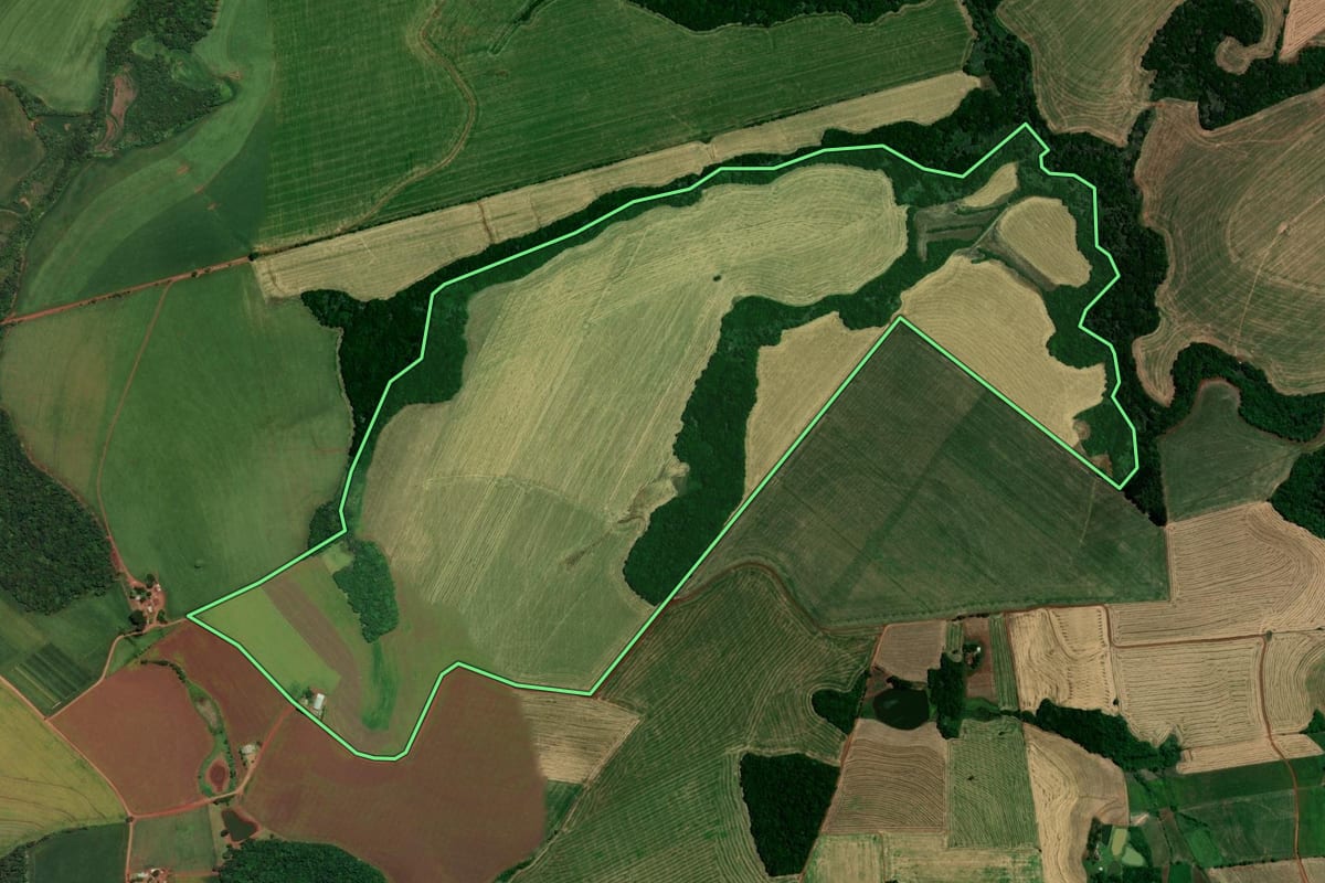 Imagem de satélite do imóvel rural em Santo Antônio do Planalto (RS), com o contorno declarado no CAR desenhado por cima.