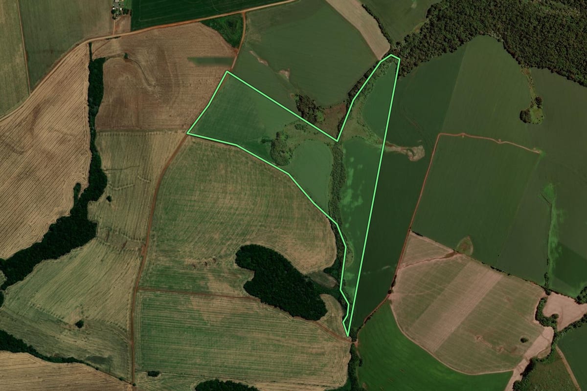 Imagem de satélite do imóvel rural em Santo Antônio do Planalto (RS), com o contorno declarado no CAR desenhado por cima.