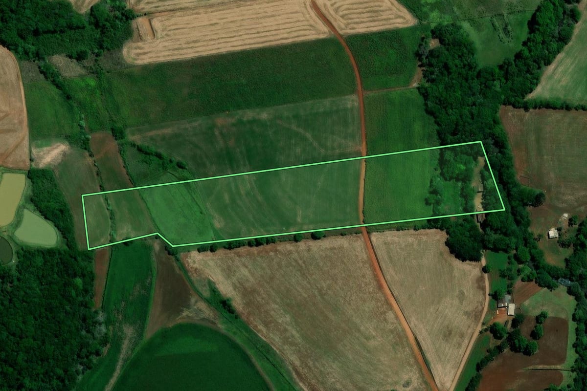 Imagem de satélite do imóvel rural em Santo Antônio do Planalto (RS), com o contorno declarado no CAR desenhado por cima.